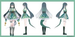  1girl a-pose artist_request bare_shoulders black_corset blush boots border closed_mouth colored_inner_hair copyright_notice corset crossed_bangs detached_sleeves fish floral_print floral_print_kimono flower-shaped_pupils flower_hairpin flower_knot frilled_skirt frilled_socks frilled_thigh_strap frills from_behind from_side full_body green_boots green_border green_eyes green_hair green_kimono green_ribbon green_tail japanese_clothes kimono kimono_skirt knee_boots kneehighs lace-up_boots lizard_tail long_hair long_sleeves looking_at_viewer multicolored_hair multiple_views nijisanji o-ring_strap obiage obijime official_art outside_border print_kimono reference_sheet ribbon skirt smile socks solo standing straight-on symbol-shaped_pupils tail tail_under_clothes tassel thigh_strap togawa_nonoha turnaround virtual_youtuber white_background white_sleeves 