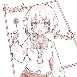  1girl :d anya_melfissa anya_melfissa_(indonesian_casual) belt belt_buckle braid buckle collarbone collared_shirt commentary english_commentary flower fong_(fongthe0125) hair_over_shoulder hand_up highres holding holding_flower hololive hololive_indonesia long_hair looking_at_viewer milestone_celebration monochrome rose shirt single_braid skirt smile solo virtual_youtuber white_background 