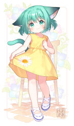  1girl animal_ear_fluff animal_ears bare_arms cat_ears cat_girl cat_tail child clenched_hand closed_mouth commentary_request commission dress floral_print floral_print_dress full_body green_eyes green_hair highres kito_(sorahate) looking_at_viewer medium_hair original print_dress shoes skeb_commission skirt_hold sleeveless sleeveless_dress smile solo standing tail two_side_up white_shoes yellow_dress 