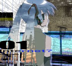  1girl 2000s_(style) aqua_eyes backrooms_(creepypasta) black_sleeves blue_hair blush clouds collared_shirt detached_sleeves drop_shadow english_text expressionless glitch gradient_hair grey_shirt hatsune_miku headset highres long_hair looking_at_viewer looking_back multicolored_hair orange_hair photo_inset projected_inset shirt sidelocks sky sleeveless sleeveless_shirt solo star_(symbol) sunset twintails upper_body uuuuua07 vocaloid 