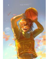  1boy :d ^_^ absurdres armpits arms_up backlighting ball bare_arms bare_shoulders basketball_(object) bird blue_sky blurry blurry_background blush bottle brown_hair cactus chromatic_aberration closed_eyes collarbone commentary dark-skinned_male dark_skin double-parted_bangs english_commentary eyebrows_hidden_by_hair facing_viewer gradient_sky grey_sky hair_behind_ear hair_between_eyes halftone happy_birthday highres holding holding_ball kel_(faraway)_(omori) kel_(omori) light_particles male_focus nat_omogu omori open_mouth orange_joe_(omori) orange_tank_top outdoors plant potted_plant short_hair simple_background sky smile solo star_(symbol) tank_top teeth toned toned_male tongue twitter_username upper_body v-shaped_eyebrows 