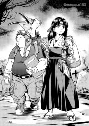  1boy 1girl animal_on_back aviator_cap aviator_goggles backpack bag belt belt_buckle bird book buckle cargo_pants charm_(object) closed_eyes closed_mouth dougi drawstring drawstring_bag fat fingerless_gloves gloves goggles goggles_on_head graveyard greyscale hakama hakama_skirt headband hoeh-hoeh holding holding_bag holding_book japanese_clothes long_hair monochrome open_book pants pelican ryuuko_no_ken sandals sasanqua152 shirt shoes skin_tight skirt sneakers t-shirt tabi toudou_kasumi twitter_username wang_koh-san 