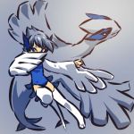  1girl boots costume hitec lugia moemon personification pokemon pokemon_(creature) pokemon_(game) pokemon_gsc silver_hair simple_background thigh-highs thigh_boots thighhighs wings 