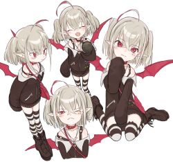  1girl ahoge animal_ear_legwear ankle_boots anze_nna asymmetrical_legwear badge bag bare_shoulders belt_collar between_legs black_boots black_jacket black_skirt black_thighhighs blush boots button_badge cat_ear_legwear closed_eyes closed_mouth collar collarbone colored_tips cropped_legs cropped_torso demon_wings dyed_ahoge fangs full_body grey_hair hair_between_eyes hand_on_own_chin handbag holding holding_microphone jacket jewelry looking_ahead looking_at_viewer makaino_ririmu makaino_ririmu_(2nd_costume) medium_hair microphone miniskirt mismatched_legwear multicolored_hair multiple_views necklace nijisanji off-shoulder_jacket off_shoulder one_eye_closed open_mouth pointy_ears red_bag red_collar red_eyes red_streaks red_wings shoulder_bag sidelocks simple_background sitting skin_fangs skirt sleeves_past_fingers sleeves_past_wrists smile standing strap_slip streaked_hair striped_clothes striped_thighhighs thigh-highs twintails virtual_youtuber wariza white_background white_thighhighs wings zettai_ryouiki zipper zipper_pull_tab 