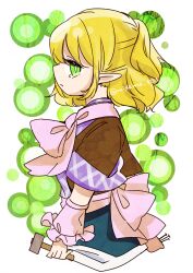  1girl back_bow blonde_hair bow braid brown_shirt closed_mouth commentary_request cowboy_shot expressionless green_eyes grey_bow grey_sash grey_scarf half_up_braid hammer highres holding holding_hammer holding_nail looking_at_viewer looking_to_the_side mizuhashi_parsee nail_(hardware) pointy_ears profile scarf shirt short_hair short_sleeves solo tama_(hiroshige_36) touhou white_background 