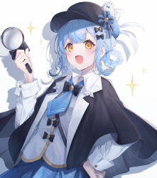  1girl :d black_bow black_capelet black_hat blue_hair blue_necktie blue_skirt bow braid braided_hair_rings capelet collared_shirt commentary_request deerstalker detective drop_shadow grey_vest hair_bow hair_rings hand_on_own_hip hand_up hat highres holding holding_magnifying_glass long_sleeves looking_at_viewer magnifying_glass mahou_shoujo_no_majo_saiban necktie open_mouth shirt short_hair skirt smile solo sparkle tachibana_sherry vest white_background white_shirt yellow_eyes zeroarchive00 
