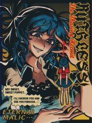  2girls blue_dress blue_eyes blue_hair blue_skirt collared_vest commentary dress drill_hair drill_sidelocks english_commentary english_text grin hair_ornament hair_rings hair_stick highres jiangshi kaku_seiga looking_at_another marionette mememedama10 miyako_yoshika multiple_girls ofuda open_clothes open_vest puppet puppet_strings red_shirt shirt short_hair sidelocks skirt smile touhou upper_body vest white_vest yellow_background 