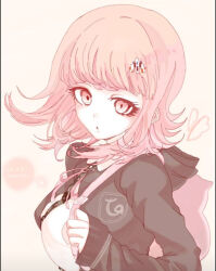  1girl animal_bag black_shirt breasts brown_hair brown_jacket cat_bag danganronpa_(series) danganronpa_2:_goodbye_despair dress_shirt flipped_hair from_side hair_ornament highres hood hood_down jacket kuki_(user_hktv3347) large_breasts long_sleeves medium_hair nanami_chiaki neck_ribbon pink_bag pink_eyes pink_ribbon ribbon shirt solo upper_body white_shirt 