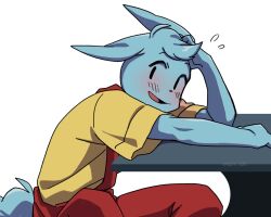  1boy animal_ears blush flying_sweatdrops furry furry_male highres kageimo looking_at_viewer male_focus nice_cream_guy overalls rabbit_boy rabbit_ears rabbit_tail red_overalls shirt sitting smile table tail translation_request undertale utdr_(toby_fox) white_background yellow_shirt 