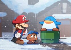  2boys bird blue_hat blue_overalls boots building commentary facial_hair fangs gloves goombario hanaon hat highres male_focus mario multiple_boys mustache outdoors overalls paper_mario paper_mario_64 penguin red_hat snow snowing squiggle standing super_mario_bros. sweat symbol-only_commentary twitter_username warp_pipe 