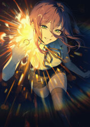  1girl absurdres black_ribbon black_shorts black_thighhighs chainsaw_man commentary daae explosion green_eyes grenade_pin hair_between_eyes highres lens_flare looking_at_viewer neck_ribbon purple_hair reze_(chainsaw_man) ribbon shirt short_sleeves shorts solo thigh-highs white_shirt 