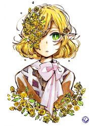  1girl blonde_hair bright_pupils brown_shirt closed_mouth commentary expressionless flower flower_over_eye green_eyes looking_at_viewer mizuhashi_parsee pointy_ears rose scarf shirt short_hair simple_background solo symbol-only_commentary tama_(hiroshige_36) touhou upper_body white_background white_pupils white_scarf yellow_flower yellow_rose 