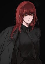  1girl adapted_costume black_background black_necktie black_pants black_shirt black_suit blunt_bangs chainsaw_man closed_mouth collared_shirt commentary highres long_hair long_sleeves looking_at_viewer makima_(chainsaw_man) moku_(muooku) necktie pants red_hair ringed_eyes shirt simple_background solo suit symbol-only_commentary yellow_eyes 