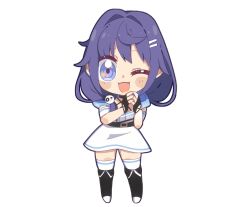  1girl ;) azuracub belt bk_(barakoodra) black_boots boots chibi dress hair_ornament hair_over_shoulder hairclip highres indie_virtual_youtuber looking_at_viewer one_eye_closed panda_hair_ornament parallel_hairclips purple_hair smile star_(symbol) star_in_eye symbol_in_eye thigh-highs twintails violet_eyes virtual_youtuber white_thighhighs 