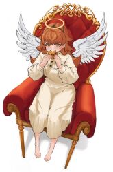  1girl angel_wings armchair barefoot blush brown_eyes brown_hair chair cookie dress eating eyebrows_hidden_by_hair flat_chest food full_body hair_between_eyes halo highres holding holding_cookie holding_food juliette_(mushoku_tensei) kurogoma183 looking_at_viewer medium_hair mushoku_tensei simple_background sitting smile solo white_background white_dress wings 