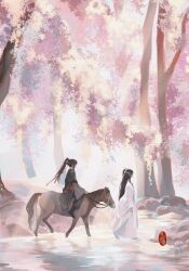  2boys animal black_boots black_hair black_hanfu black_pants boots chinese_clothes chinese_commentary day donkey forest from_side hair_ribbon hanfu headband highres holding holding_reins huashengdoufu implied_yaoi lan_wangji light_particles little_apple_(donkey) long_hair long_sleeves male_focus modao_zushi multiple_boys nature outdoors pants ponytail red_ribbon red_sash reins ribbon riding riding_animal robe sash scenery seal_impression sidelocks standing tree wading walking water wei_wuxian white_boots white_hanfu white_headband wide_shot wide_sleeves xiao_guan_(headdress) 