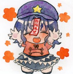 1girl :d arms_up black_ribbon black_skirt blush chibi chibi_only chinese_clothes commentary_request full_body hat hat_ornament jiangshi miyako_yoshika neck_ribbon newsboy_cap ofuda open_mouth painting_(medium) pppppks purple_hair purple_hat red_shirt ribbon sharp_teeth shirt short_hair short_sleeves skirt smile solo standing star_(symbol) star_hat_ornament tangzhuang teeth touhou traditional_media watercolor_(medium) white_background 