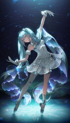  1girl absurdres aqua_eyes aqua_hair arm_up asymmetrical_legwear ballerina ballet ballet_slippers closed_mouth daae dress en_pointe full_body gloves gramophone_miku gramophone_miku_(frostflower) hatsune_miku highres long_hair miku_symphony_(vocaloid) night night_sky official_alternate_costume outstretched_arm see-through_clothes see-through_dress short_dress sky socks solo star_(sky) star_trail thigh-highs tiptoes tutu twintails vocaloid white_dress white_gloves white_socks white_thighhighs 