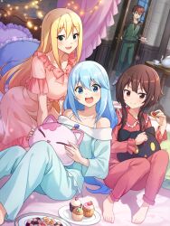  1boy 3girls aqua_(konosuba) barefoot blonde_hair blue_eyes blue_hair blue_pajamas blue_pants blue_shirt brown_hair cupcake darkness_(konosuba) dress food green_track_suit hair_down holding holding_food kono_subarashii_sekai_ni_shukufuku_wo! long_hair long_sleeves looking_at_viewer megumin multiple_girls official_art on_bed open_mouth pajamas pants pink_dress pink_pajamas ragnador red_eyes red_pajamas red_pants red_shirt satou_kazuma shirt short_hair_with_long_locks sitting smile tea_set track_suit 