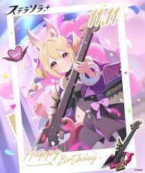  1girl animal_ear_fluff animal_ears balloon bass_guitar bat_ears bat_wings black_dress blonde_hair bow caramel_(stella_sora) dated dress drill_hair happy_birthday heart heart_balloon highres holding holding_bass_guitar holding_instrument instrument jacket jewelry long_sleeves looking_at_viewer midriff_peek necklace official_art puffy_sleeves purple_bow purple_jacket red_eyes smile solo standing stella_sora twin_drills violet_eyes wings yostar 