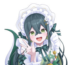  1girl :d absurdres bare_shoulders blush bonnet breasts collar colored_inner_hair crossed_bangs detached_sleeves floral_print floral_print_kimono flower-shaped_pupils flower_hairpin frilled_bonnet frilled_collar frills green_eyes green_hair green_kimono green_ribbon green_tail hair_ornament hair_ribbon hairclip hand_up highres japanese_clothes kimono lizard_tail long_hair long_sleeves looking_at_viewer multicolored_hair neck_ribbon nijisanji piyopiyomaru_(piyo8823) print_kimono ribbon simple_background small_breasts smile solo standing symbol-shaped_pupils tail tail_raised tassel togawa_nonoha upper_body virtual_youtuber w white_background white_bonnet white_sleeves 