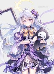  1girl alternate_costume azusa_(blue_archive) blue_archive bow closed_mouth crossed_bangs detached_sleeves dress dress_bow feathered_wings floating_hair grey_background guzangnanfeng hair_between_eyes hair_ornament halo highres long_hair long_sleeves looking_at_viewer low_wings purple_bow purple_dress simple_background skullman_(blue_archive) solo very_long_hair white_wings wide_sleeves wings wristband 