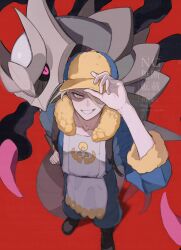  1boy arm_up black_boots blonde_hair blue_eyes boots fur-trimmed_collar fur-trimmed_sleeves fur_trim ginkgo_guild_uniform giratina giratina_(origin) grin hand_on_own_hip hat highres long_sleeves mabuchi_27 male_focus one_eye_covered pokemon pokemon_(creature) pokemon_legends:_arceus red_background red_eyes smile solo standing teeth volo_(pokemon) watermark yellow_fur 