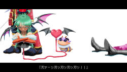  1boy 2girls absurdres animal_print armor arthropod_girl bat_print bee_girl bishamon_(darkstalkers) commentary darkstalkers demon_girl head_wings highres japanese_armor long_hair morrigan_aensland multiple_girls nojob_hiro pantyhose print_pantyhose q-bee samurai stinger wings 