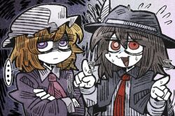  ... 2girls annoyed ascot black_capelet black_hair blonde_hair capelet collar crossed_arms dress english_commentary flying_sweatdrops hair_between_eyes hat long_sleeves maribel_hearn mob_cap multiple_girls necktie pink_ascot pointing purple_dress red_eyes shirt short_hair sleeve_cuffs suenari_(peace) sweat touhou unamused uninterested violet_eyes white_collar white_hat white_shirt 