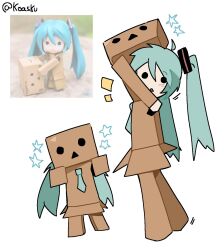  1girl ahoge amazon_(company) aqua_hair aqua_necktie blush box cosplay danboo figure full_body hatsune_miku hatsune_miku_(cosplay) highres holding holding_box koasku long_hair looking_at_viewer multiple_views necktie photo-referenced photo_inset reference_inset solid_circle_eyes star_(symbol) twintails twitter_username vocaloid white_background yotsubato! 