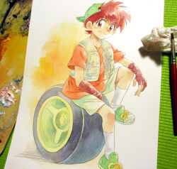  1boy 1girl agahari art_brush art_tools_in_frame backwards_hat bakusou_kyoudai_let&#039;s_&amp;_go!! baseball_cap closed_mouth commentary_request full_body gloves green_hat green_shoes green_shorts hat looking_at_viewer male_focus open_clothes open_vest orange_eyes orange_shirt paintbrush painting_(medium) partially_fingerless_gloves photo_(medium) red_gloves red_hair seiba_retsu shirt shoes short_hair shorts sitting smile socks solo traditional_media vest wheel white_socks white_vest 
