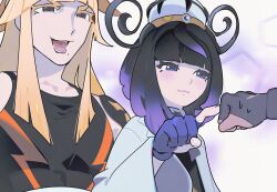  1boy 1girl 1other black_dress black_hair black_shirt blonde_hair blue_gloves blunt_bangs bob_cut brother_and_sister clenched_hand closed_mouth coat dress gapamopa gloves gradient_hair gwynn_(pokemon) hat highres ivor_(pokemon) long_hair long_sleeves mole mole_under_mouth multicolored_hair open_clothes open_coat open_mouth partially_fingerless_gloves pokemon pokemon_legends:_z-a poking purple_hair red_eyes shirt short_hair siblings teeth upper_body violet_eyes white_coat wide_sleeves 