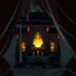  1boy absurdres altar architecture candle chinese_clothes chinese_commentary curtains dark east_asian_architecture faceless faceless_male facing_viewer glowing hair_between_eyes hands_in_opposite_sleeves hanfu highres jin_(headwear) lantern long_hair long_sleeves male_focus mini_person miniboy object_focus paper_lantern scholar&#039;s_congee_(the_tale_of_food) shuling solo standing straight-on talisman tang_jin_(headwear) the_tale_of_food wide_sleeves 