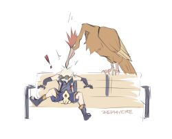  ! 1boy artist_name beak bennett_(genshin_impact) bird black_boots black_gloves blonde_hair blue_shorts boots brown_feathers crossover cyndaquil fearow feathered_wings feathers genshin_impact gloves on_bench pokemon pokemon_(creature) short_hair shorts simple_background sitting white_background wings zephyere 