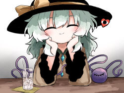  1girl black_hat blouse buttons closed_eyes cup diamond_button drink drinking_straw elbow_rest eyeball frilled_sleeves frills green_hair hands_on_own_cheeks hands_on_own_face hat hat_ribbon heart heripantomorrow ice ice_cube komeiji_koishi ribbon shirt smile solo table third_eye touhou yellow_ribbon yellow_shirt 