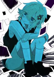  1000_omo 1boy basil_(faraway)_(omori) basil_(omori) blonde_hair blue_eyes blush brown_shorts collared_shirt crossed_arms double-parted_bangs flower full_body green_sweater_vest hair_between_eyes hair_flower hair_ornament hashtag-only_commentary highres knees_up male_focus omori parted_lips photo_(object) shirt short_hair short_sleeves shorts sidelocks sitting socks solo something_(omori) sweater_vest tearing_up white_shirt white_socks 