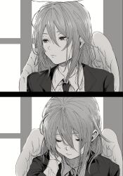  029tintin 1boy angel angel_devil_(chainsaw_man) chainsaw_man closed_eyes closed_mouth collared_shirt commentary_request greyscale hair_between_eyes halo heco_inu highres jacket long_hair looking_to_the_side male_focus monochrome necktie shirt suit_jacket upper_body wings 