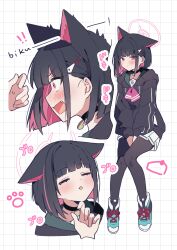  1girl 1other absurdres animal_ears black_choker black_hair black_jacket black_pantyhose blue_archive blush cat_ears choker closed_eyes closed_mouth colored_inner_hair extra_ears fang hair_ornament hairclip halo highres hood hood_down hooded_jacket hoodie jacket kazusa_(blue_archive) long_sleeves multicolored_hair multiple_views neckerchief open_mouth pantyhose pink_eyes pink_hair pink_halo pink_neckerchief pleated_skirt red_eyes sailor_collar shoes short_hair skirt sneakers usukawa_(uskw_sr) white_skirt 