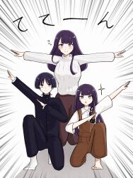  1boy 2girls alternate_costume arm_up asymmetrical_sidelocks barefoot black_hair black_jacket black_pants black_sleeves blouse blunt_bangs blunt_ends blush bright_pupils brown_overalls brown_pants casual cat_ornament closed_mouth collared_shirt contemporary emphasis_lines expressionless eyelashes family frown gakuran genshin_impact hand_up highres jacket kneeling layered_sleeves long_hair long_sleeves looking_at_viewer mole mole_under_eye multiple_girls on_one_knee open_hands outstretched_arms overalls pants pon_oi4 purple_hair raiden_shogun ribbed_shirt scaramouche_(genshin_impact) school_uniform shadow shirt sidelocks smile socks sparkle split_mouth spread_arms swept_bangs three-quarter_sleeves translation_request tsurime undershirt violet_eyes white_background white_pupils white_shirt white_sleeves white_socks wispy_bangs 