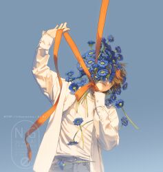  1boy blue_flower brown_hair closed_mouth flower highres jacket male_focus orange_ribbon original ribbon rido_(ridograph) shirt shirt_tucked_in solo watermark white_jacket white_shirt 