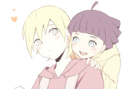  1boy 1girl ahoge black_hair blonde_hair blue_eyes boruto:_naruto_next_generations commentary_request facial_mark grey_eyes grey_hoodie heart hood hoodie naruto_(series) open_mouth short_hair smile toco_(love-hmhm-tocotoco) uzumaki_himawari whisker_markings yamanaka_inojin yellow_hoodie 