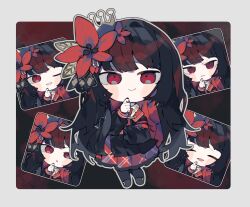  1girl armband black_hair black_shirt black_skirt blunt_bangs border byako_(srktn) chibi chibi_only closed_eyes closed_mouth commentary_request commission crown flower full_body hair_flower hair_ornament hand_on_own_chin highres long_hair long_sleeves looking_at_viewer mahou_shoujo_no_majo_saiban multiple_views necktie nikaido_hiro one_eye_closed outline pleated_skirt red_armband red_eyes red_flower red_necktie shirt skeb_commission skirt smile 