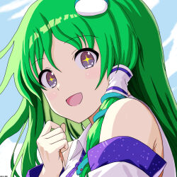  1girl bare_shoulders detached_sleeves green_hair kochiya_sanae looking_at_viewer mist9801km open_mouth portrait shirt sleeveless sleeveless_shirt smile solo sparkling_eyes touhou white_shirt 