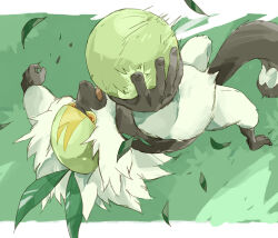  animal_focus catching colored_sclera commentary_request fingernails green_sclera holding leaf midair monkey motion_blur no_humans nyala_(nyala_766) open_mouth orange_eyes orange_pupils passimian pokemon pokemon_(creature) pokemon_focus solo 