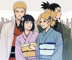  2boys 2girls black_eyes black_hair blonde_hair blue_eyes blue_kimono bob_cut boruto:_naruto_next_generations cape collared_cape commentary_request facial_hair facial_mark flower frown goatee hair_flower hair_ornament highres husband_and_wife hyuuga_hinata japanese_clothes kimono multiple_boys multiple_girls nara_shikamaru naruto_(series) notane_n obi purple_kimono quad_tails sash temari_(naruto) topknot uzumaki_naruto violet_eyes whisker_markings white_cape wide_sleeves 