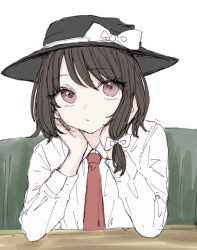  1girl black_hat bow brown_hair closed_mouth collar commentary couch elbow_rest hair_bow hands_on_own_cheeks hands_on_own_face hat hat_bow kashiwada_kiiho long_sleeves looking_at_viewer necktie pink_eyes shirt simple_background sitting sleeve_cuffs solo symbol-only_commentary table touhou usami_renko white_background white_bow white_collar white_shirt 