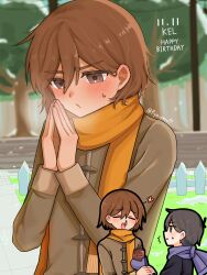  2boys :d black_eyes black_hair black_shirt blue_sky blush breath brown_eyes brown_hair brown_jacket can character_name closed_mouth commentary dark-skinned_male dark_skin dated day double-parted_bangs drink_can english_commentary facing_another fence flower grass hair_behind_ear hair_between_eyes hands_up happy_birthday highres holding holding_can jacket kel_(faraway)_(omori) kel_(omori) long_sleeves looking_at_another looking_at_hands male_focus mittens multiple_boys omori open_mouth orange_scarf outdoors own_hands_together pout profile purple_mittens purple_scarf red_flower road ryo_pen17 scarf shirt short_hair sky smile snow snowing soda_can solo_focus sunny_(omori) sweatdrop tree twitter_username upper_body v-shaped_eyebrows wooden_fence 