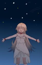  1girl :d bare_shoulders blunt_bangs blush bracelet closed_eyes collar collarbone dress fang feet_out_of_frame grey_hair hair_down highres jewelry lace_trim long_hair makaino_ririmu makaino_ririmu_(3rd_costume) menudonmen multicolored_hair night nijisanji outstretched_arms pointy_ears red_collar red_eyes red_streaks see-through_clothes see-through_skirt sidelocks skin_fang skirt sky sleeveless sleeveless_dress smile solo spread_arms standing star_(symbol) straight-on straight_hair strap_slip streaked_hair sundress two-tone_hair virtual_youtuber white_dress 