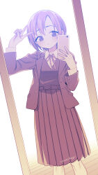  1girl breasts cellphone commentary dress dutch_angle feet_out_of_frame high-waist_dress highres holding holding_phone jacket medium_dress mirror mirror_selfie original phone pleated_dress school_uniform selfie sepia short_hair signature small_breasts smartphone solo symbol-only_commentary ukokkei v 
