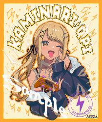  1girl absurdres artist_name black_jacket blonde_hair blush border character_name commentary_request controller dark-skinned_female dark_skin dualsense fanged_bangs fingernails game_controller gyaru hair_ornament hair_ribbon hasu highres holding holding_controller jacket jacket_partially_removed jewelry kaminari_qpi kaminari_qpi_(3rd_costume) lightning_bolt_symbol long_fingernails long_hair looking_at_viewer multicolored_nails one_eye_closed open_mouth orange_eyes orange_nails playstation_controller ribbon ring simple_background solo stamp_mark twintails upper_body virtual_youtuber vspo! x_hair_ornament yellow_border 